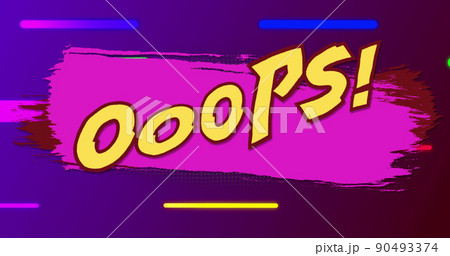 Image of ooops text over colorful lines on purple background 90493374