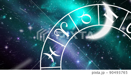 Digital image of moon and spiral symbols of the zodiac signs in space Digital image of moon and spiral symbols of the zodiac signs in space 90493765