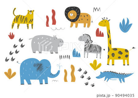 Cute african animals and plants in scandinavian style Vector hand-drawn colored children's simple set Elephant, zebra, crocodile, lion. Cartoon animals EPS 90494035