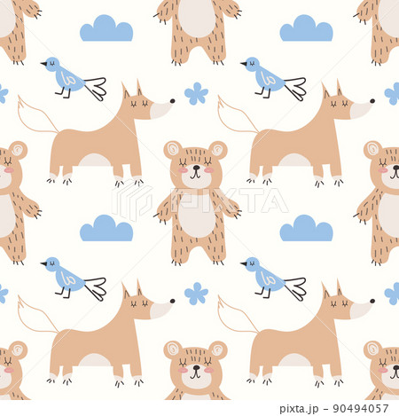 Forest seamless pattern with cute animals - fox, bear, bird. Vector illustration Scandinavian style flat design. Concept for kids, textile print, poster, card EPS 90494057