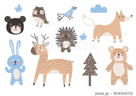 Cute wild animals clipart collection, isolated on white. Hand drawn vector illustration. Woodland elements set. Scandinavian style flat design. Concept for kids, textile print, poster, card EPS Cute wild animals clipart collection, isolated on white. Hand drawn vector illustration. Woodland elements set. Scandinavian style flat design. Concept for kids, textile print, poster, card EPS 90494059