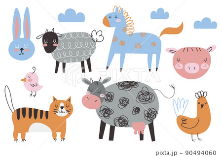 Cute farm animals collection, colored vector illustrations of cow, pig, sheep with textured effect. Colored doodle drawing isolated on white background. Domestic animals with face expressions EPS Cute farm animals collection, colored vector illustrations of cow, pig, sheep with textured effect. Colored doodle drawing isolated on white background. Domestic animals with face expressions EPS 90494060