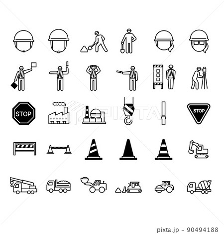 建設工事現場のアイコン素材セット 白黒のイラスト素材