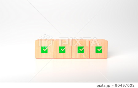 3d rendering Corporate regulatory and compliance. Quality control management, ISO certification. Product, service quality warranty. Checklist survey. wooden cube with check mark green icon. 3d rendering Corporate regulatory and compliance. Quality control management, ISO certification. Product, service quality warranty. Checklist survey. wooden cube with check mark green icon. 90497005
