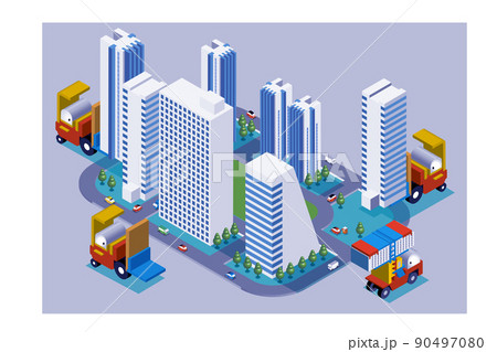 楽しい街並みと暮らしの風景。人々が明るく暮らせる建物と街づくり。3Dの可愛いビルとフォークリフト。 楽しい街並みと暮らしの風景。人々が明るく暮らせる建物と街づくり。3Dの可愛いビルとフォークリフト。 90497080