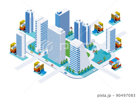 楽しい街並みと暮らしの風景。人々が明るく暮らせる建物と街づくり。3Dの可愛いビルとフォークリフト。 90497083