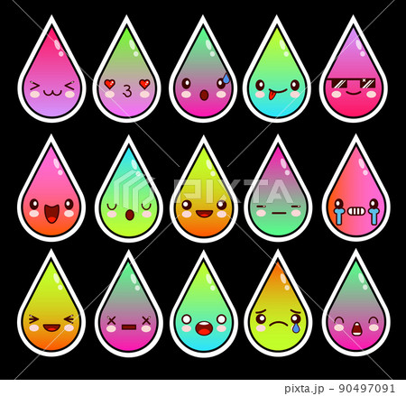 Kawaii water drops, raindrops, morning dew neon colors. Funny, cute, sweet emotions, smiles. Flat cartoon style. Element for design. Cartoon character with different face Vector icon set. EPS 90497091