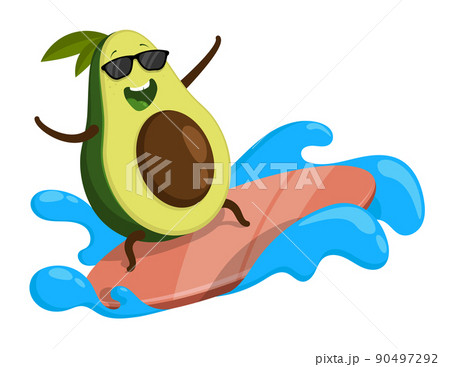 Cheerful avocado fruit surfs on waves on surfboard. Delicious and wholesome foods, vegetables and fruits. Healthy lifestyle. Cartoon vector isolated on white background Cheerful avocado fruit surfs on waves on surfboard. Delicious and wholesome foods, vegetables and fruits. Healthy lifestyle. Cartoon vector isolated on white background 90497292