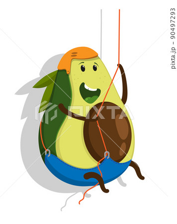 Cheerful sportsman avocado fruit climbs rope in climber equipment. Delicious and wholesome foods, vegetables and fruits. Healthy lifestyle. Cartoon vector isolated on white background Cheerful sportsman avocado fruit climbs rope in climber equipment. Delicious and wholesome foods, vegetables and fruits. Healthy lifestyle. Cartoon vector isolated on white background 90497293