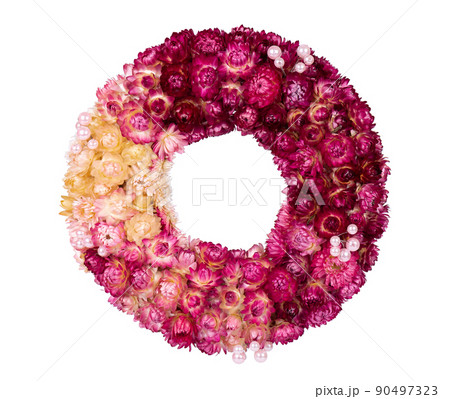 Decorative wreath of dried plants, flowers and beads, isolated on white background. 90497323