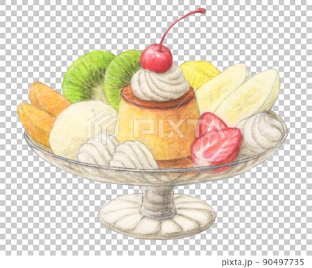 プリンアラモード　水彩色鉛筆イラスト　背景透過 90497735