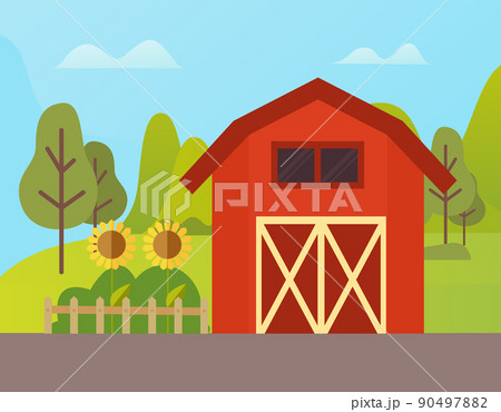 Farm House, Ranch and Sunflowers Growing on Ground 90497882