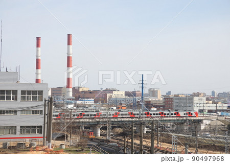 Construction of a bridge. Construction of a new railway bridge, Moscow, April 2022. 90497968