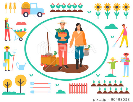 Farming Man and Woman Harvesting, Farmers Vector Farming Man and Woman Harvesting, Farmers Vector 90498038