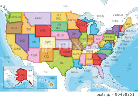 Vector illustrated map of USA with states and administrative divisions, and neighbouring countries. Editable and clearly labeled layers. 90498851