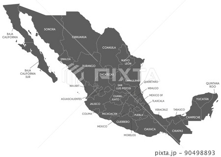 Vector map of Mexico with regions or or states and administrative divisions. Editable and clearly labeled layers. 90498893