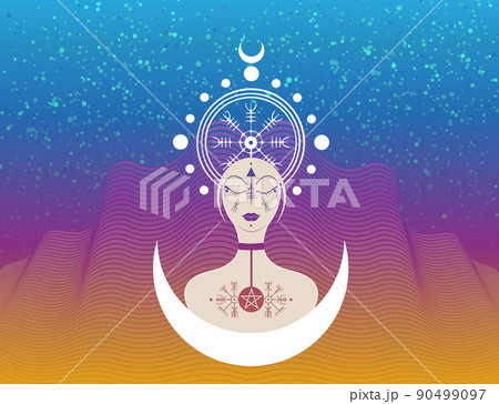 Freya goddess, Scandinavian norse mythology associated with love, beauty, fertility, sex, war, gold. Freyja rules over her heavenly field, vector isolated on blue starry background 90499097