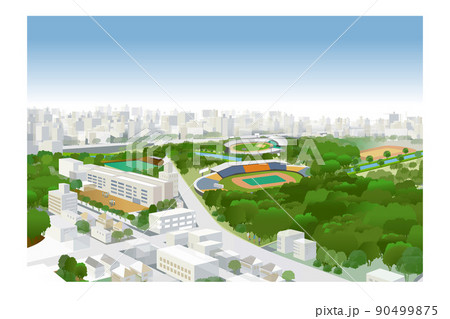 学校とグランドと森がある美しい街並みと暮らしの風景 人々が明るく暮らせる建物と街づくり のイラスト素材