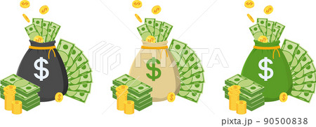 Set of vintage money bag and a pile of paper bills lie around it. 90500838