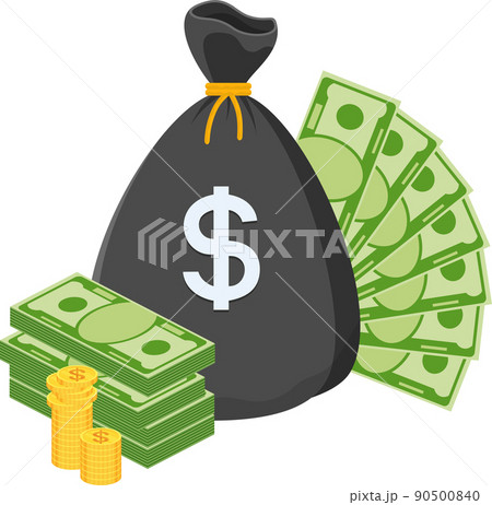 Black cash bag with money with yellow drawstring and dollar sign. Black cash bag with money with yellow drawstring and dollar sign. 90500840