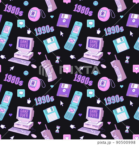 Old computer aestethic. Seamless pattern with retro pc elements and technology illustration in trendy retrowave style. Nostalgia for 1980s -1990s. 90500998