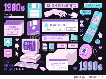 Sticker pack of retro pc elements. Old computer aestethic. Set of user interface elements and technology illustration in trendy retrowave style. Nostalgia for 1980s -1990s. 90501004