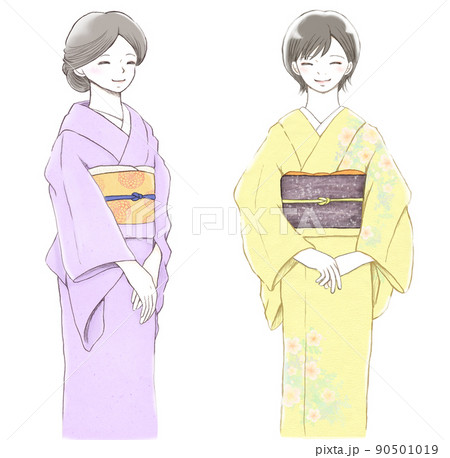 満面の微笑みを浮かべる着物を着た女性2人セットイラスト 90501019