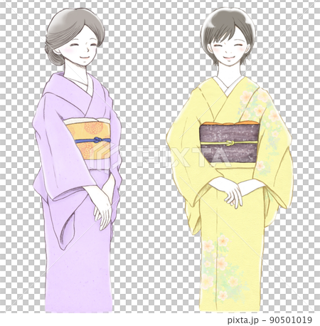 満面の微笑みを浮かべる着物を着た女性2人セットイラスト 90501019