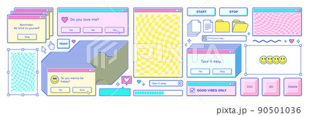 Neon old computer aestethic. Retro pc elements, user interface, operating system, windows, icons in trendy y2k retro style. Sticker pack of retro pc vector illustrations. Nostalgia for 1990s -2000s. Neon old computer aestethic. Retro pc elements, user interface, operating system, windows, icons in trendy y2k retro style. Sticker pack of retro pc vector illustrations. Nostalgia for 1990s -2000s. 90501036
