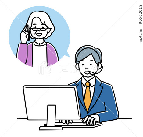 シニア女性と電話で話すオペレーターの男性のシンプルイラスト 90502018