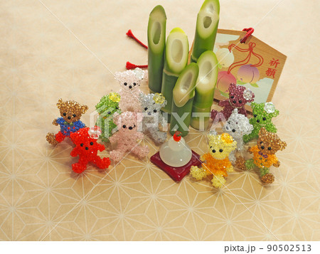 青竹と手作りビーズテディベアお正月イメージ 青竹と手作りビーズテディベアお正月イメージ 90502513