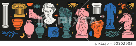 Greek ancient sculpture set. Vector hand drawn illustrations of antique classic statues in trendy modern style. 90502902