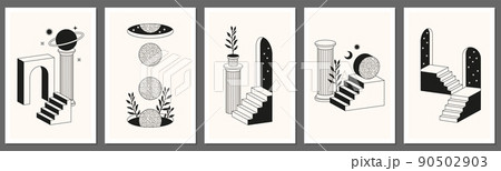 Surreal abstract posters and cards in trendy minimal line art style. Columns, stairs, arch, geometric shapes. Surreal abstract posters and cards in trendy minimal line art style. Columns, stairs, arch, geometric shapes. 90502903