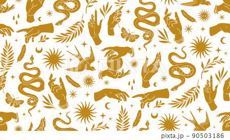 Boho mystical seamless pattern with hands, snakes, moon, sun, bird, moth in trendy bohemian celestial style. 90503186