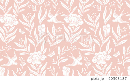 Boho mystical seamless pattern. Vector background with bird and floral elements in trendy bohemian celestial style. 90503187