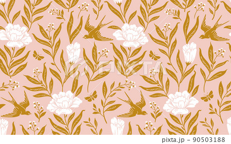 Boho mystical seamless pattern. Vector background with bird and floral elements in trendy bohemian celestial style. 90503188