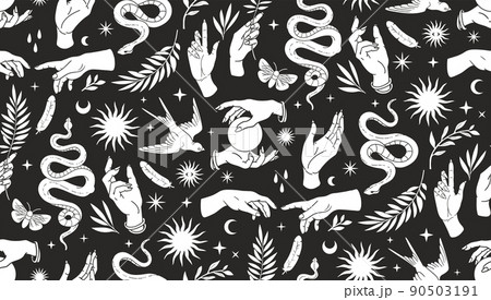Boho mystical seamless pattern with hands, snakes, moon, sun, bird, moth and floral elements in trendy tattoo style. 90503191