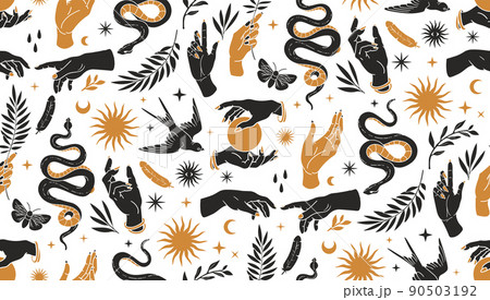 Boho mystical seamless pattern with hands, snakes, moon, sun, bird, moth and floral elements in trendy tattoo style. 90503192