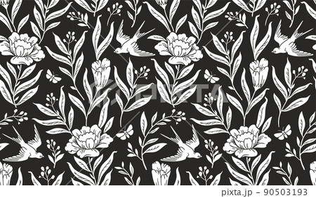 Boho mystical seamless pattern. Vector background with flower, bird and floral elements in trendy bohemian tattoo style. 90503193