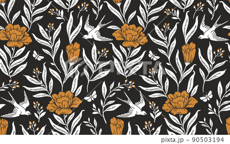Boho mystical seamless pattern. Vector background with flower, bird and floral elements in trendy bohemian tattoo style. 90503194