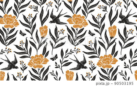 Boho mystical seamless pattern. Vector background with flower, bird and floral elements in trendy bohemian tattoo style. 90503195