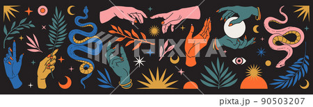 Abstract mystical set with hands, snakes, moon, sun, magic, leaves, floral elements in trendy bohemian celestial style. 90503207