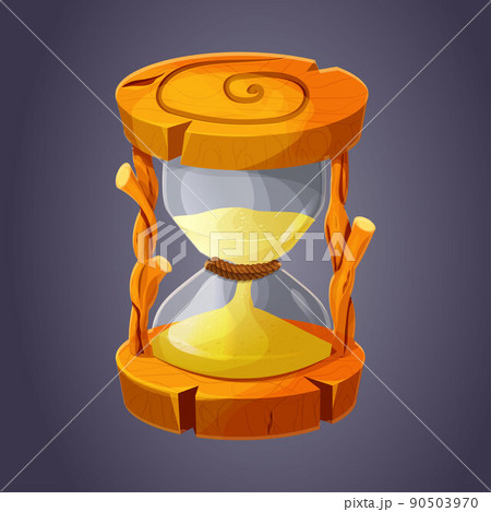 Wooden hourglass icon, asset with glass and sand, sand glass or stopwatch in cartoon style. Ui game decoration. 90503970