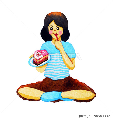 happy young teenager girl sitting eating cake watercolor painting hand drawing happy young teenager girl sitting eating cake watercolor painting hand drawing 90504332