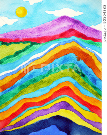 rainbow mountain range, blue sky watercolor painting illustration design 90504338