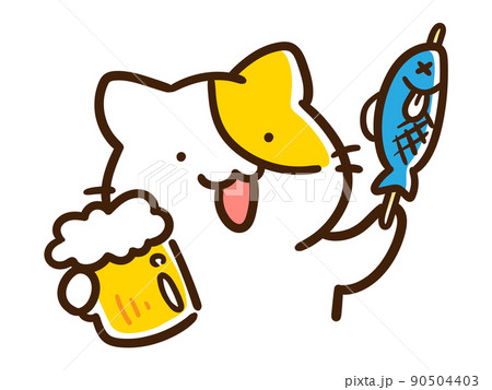 焼き魚をつまみにビールを飲むかわいいねこのデフォルメイラストのイラスト素材