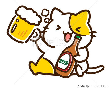 ビール瓶を片手に飲みまくるかわいいねこのデフォルメイラスト 90504406