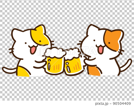Deformed illustration of a cute cat toasting with draft beer Deformed illustration of a cute cat toasting with draft beer 90504409