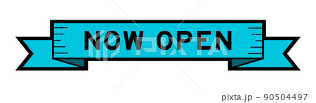 Ribbon label banner with word now open in blue color on white background 90504497