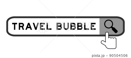 Search banner in word travel bubble with hand over magnifier icon on white background Search banner in word travel bubble with hand over magnifier icon on white background 90504506